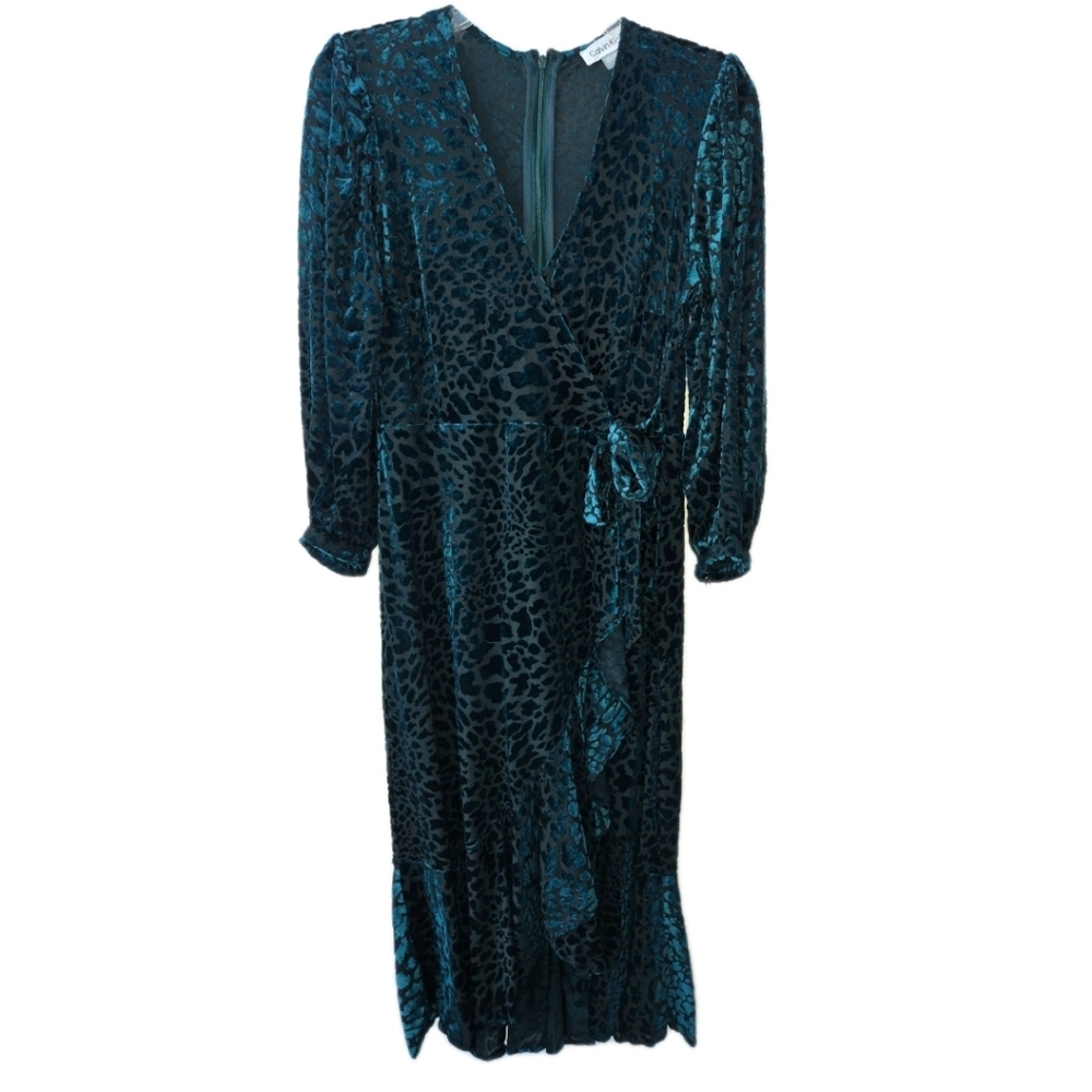 Calvin Klein Animal Print Malachite Velvet Midi Goth Witch Glam Wrap Dress Sz 8 - Picture 2 of 8